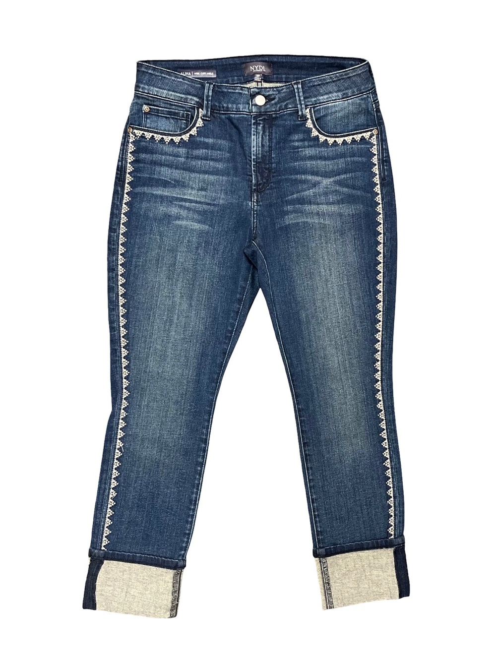 NYDJ Alina Lift Tuck Wide Cuff Ankle Embroidered Jeans Dark Wash Women’s Size 8P